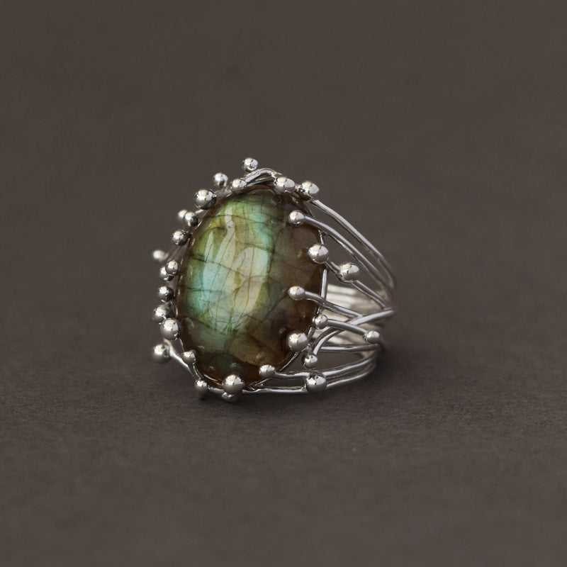 Labradorite Statement Ring with Cosmic Wire Halo Design
