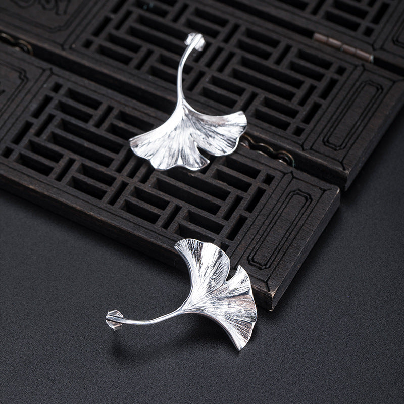Silver Ginkgo Leaf Earrings with Natural Flowing Texture