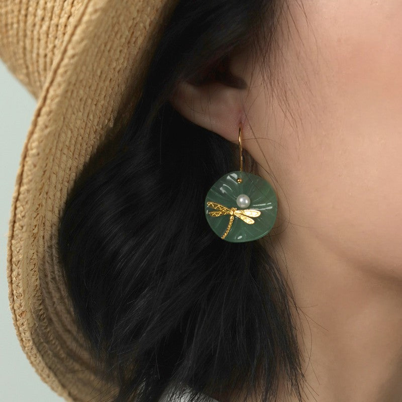 Dragonfly Dangle Earrings Green Jade Pearl