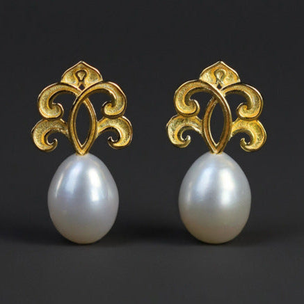 Sacred Pearl Drop Earrings with Mystical Scrollwork Charm