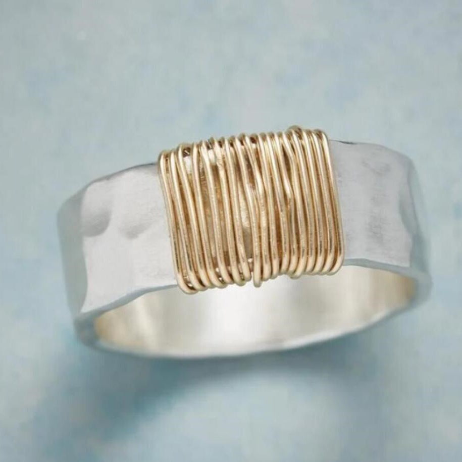 Wide Hammered Ring with Wrapped Golden Wire Detail