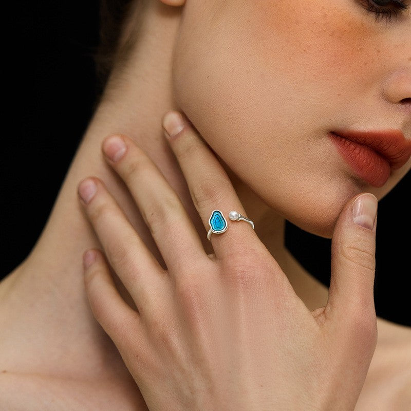 Ocean Agate and Pearl Ring for Intuition and Flow