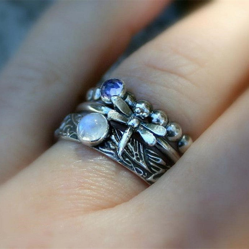 Dragonfly Spinner Ring with Amethyst and Moonstone Accents