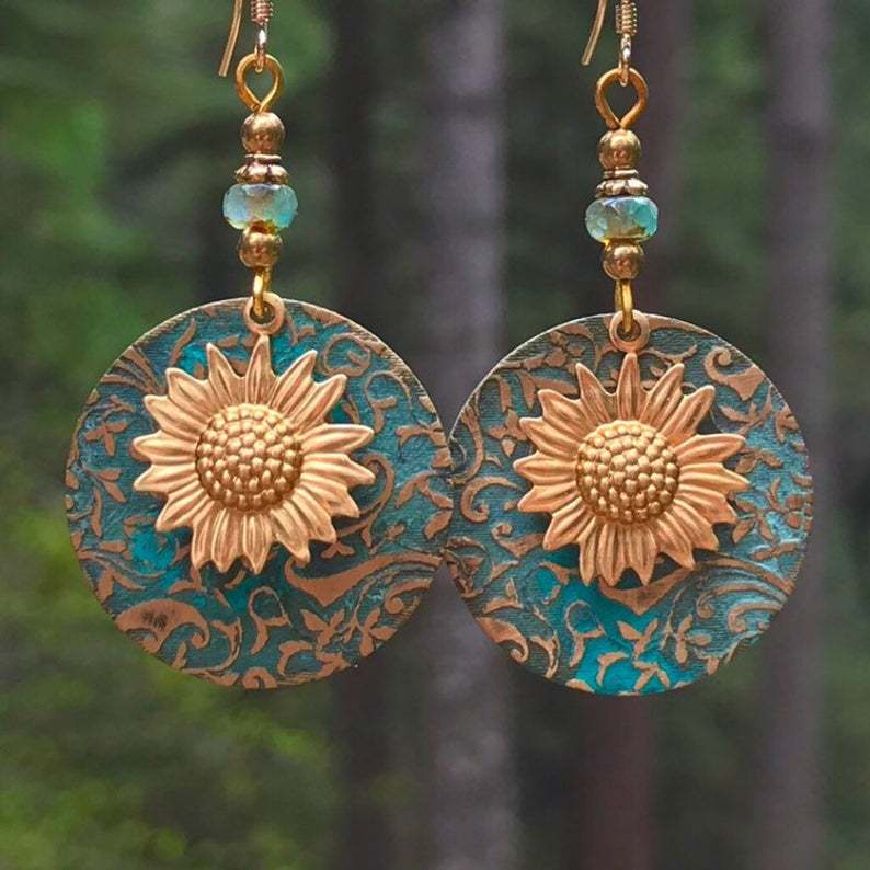 Bohemian Sunflower Earrings with Vintage Floral Round Design