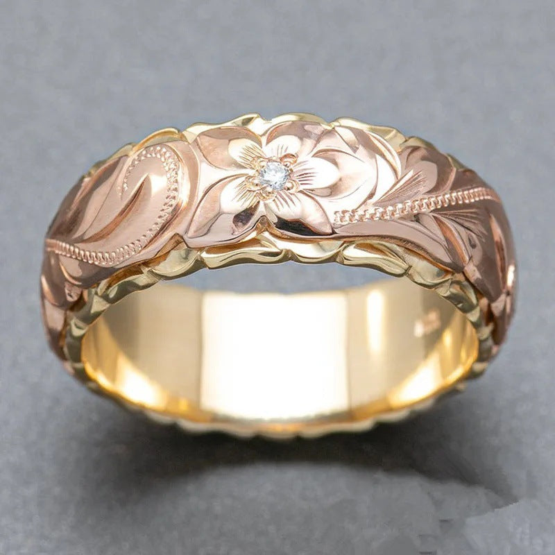 Floral Engraved Rose Gold Band with Diamond Accent