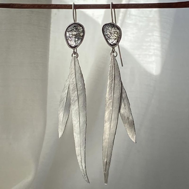 Long Leaf Drop Earrings with Black Gemstone Nature Design