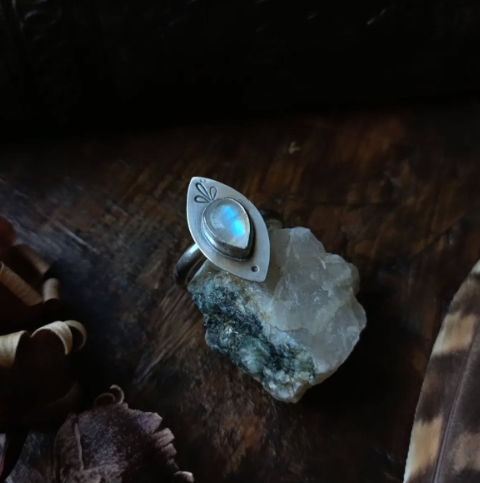 Pear-Shaped Moonstone Ring with Matte Leaf Frame
