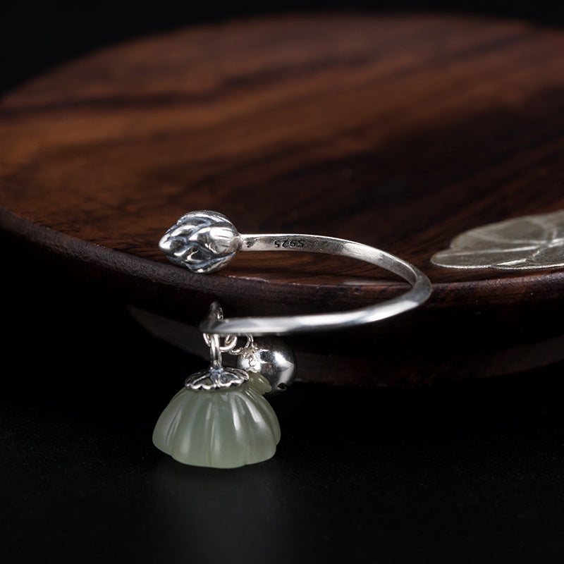 Lotus Seed Pod Ring with White Jade Bloom