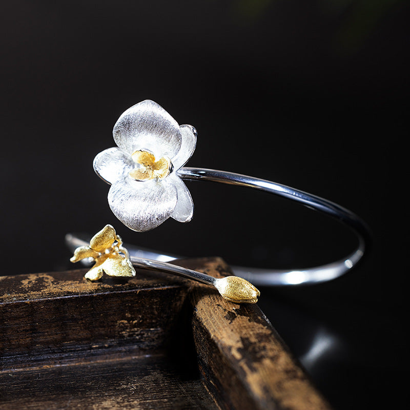 Blooming Flower Open Bangle – Silver and Gold Botanical Cuff