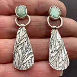 Botanical Engraved Drop Earrings with Green Gemstone Nature Design