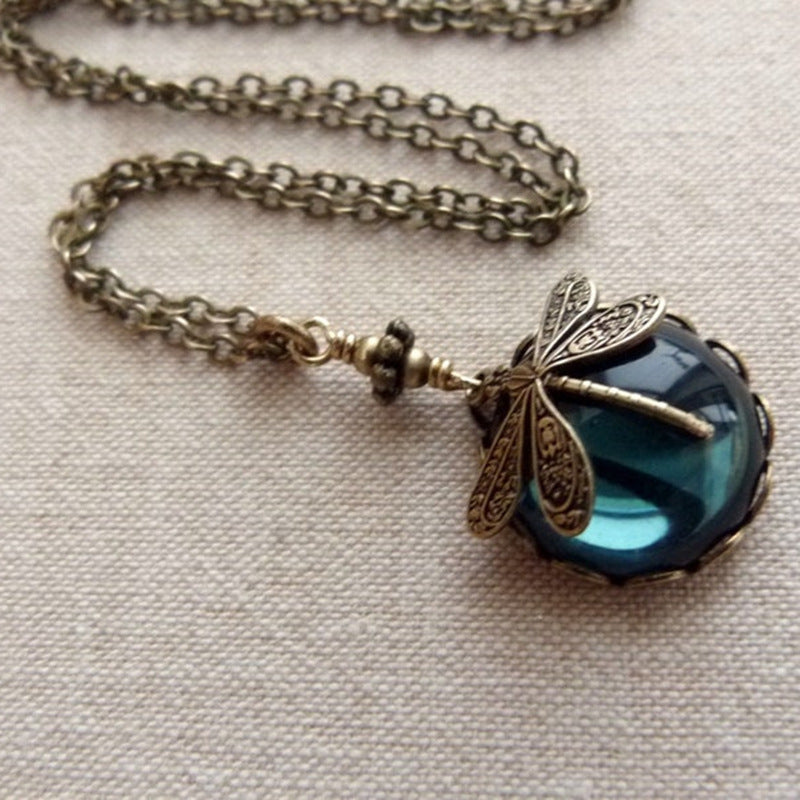 Vintage Dragonfly Pendant Necklace with Blue Glass Gemstone