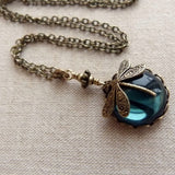 Vintage Dragonfly Pendant Necklace with Blue Glass Gemstone