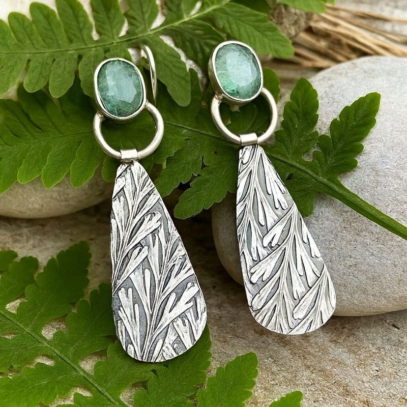 Botanical Engraved Drop Earrings with Green Gemstone Nature Design