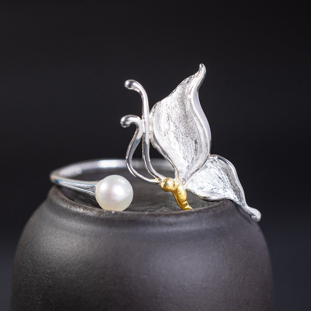 Butterfly and Pearl Open Ring – Nature-Inspired Spiritual Jewelry