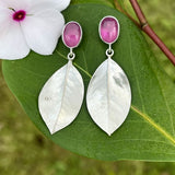 Leaf Drop Earrings with Pink Gemstone Nature Inspired Design