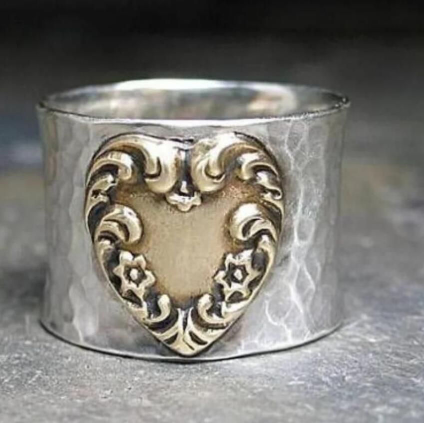 Rustic Bohemian Ring with Antique Gold Heart Accent