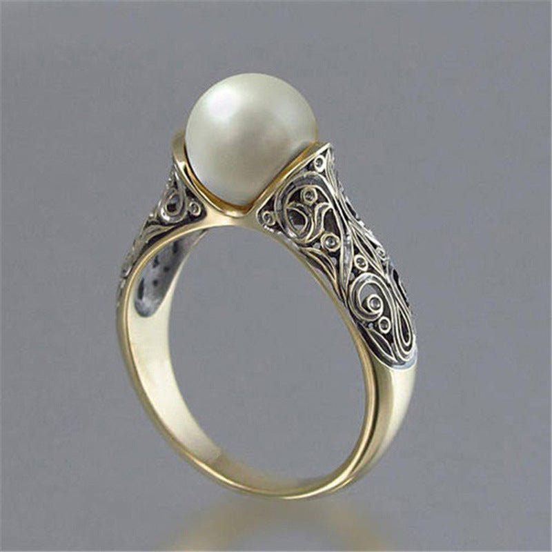 Vintage Gold Pearl Ring with Nature-Inspired Filigree Design