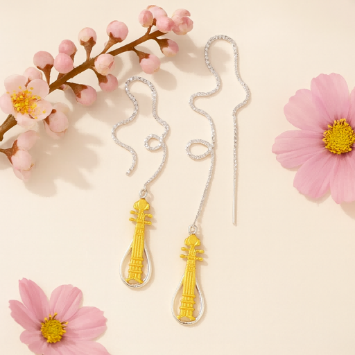 Celestial Lute Threader Earrings – Silver & Gold Harmony