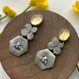 Floral Bee Drop Earrings with Yellow Gemstone Nature Design