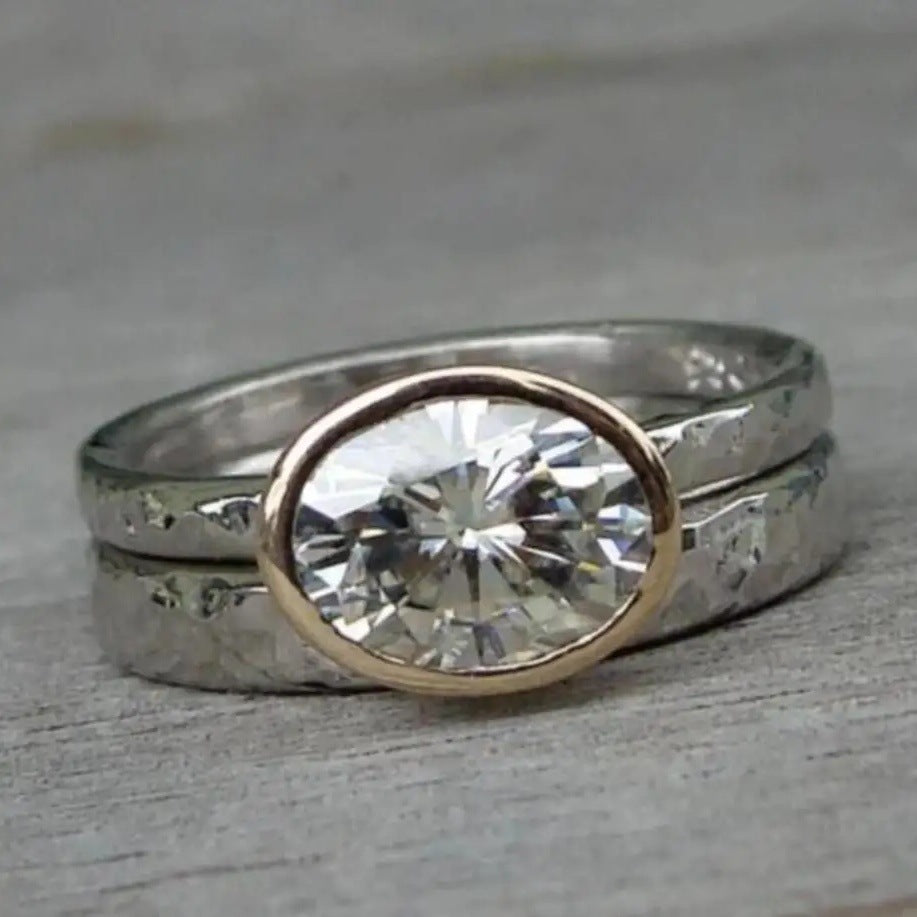 Oval Crystal Hammered Band Ring in Two-Tone Finish