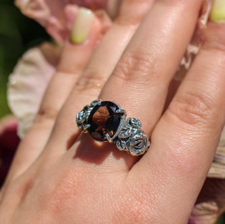 Garnet Rose Ring with Vintage Floral Engraved Band