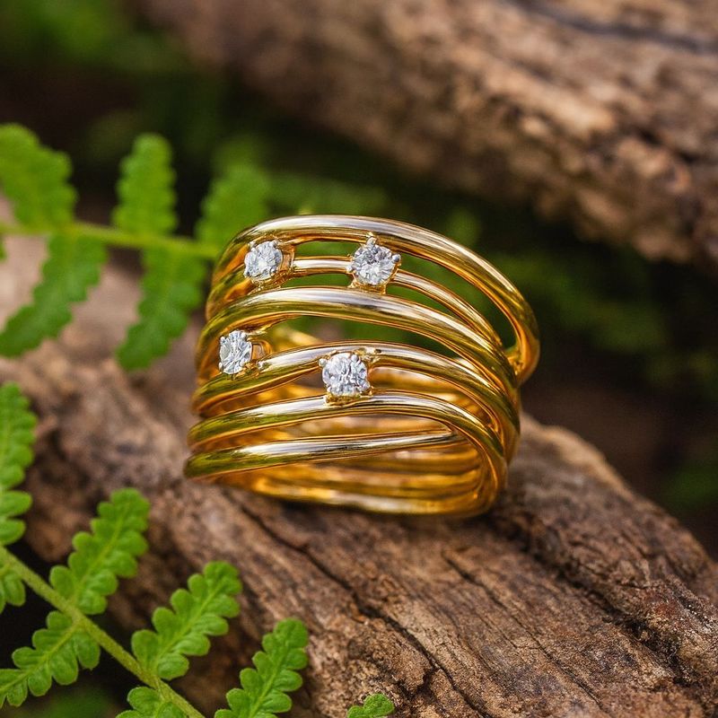 Nature Inspired Multi-Band Gold Ring with Diamond Accents