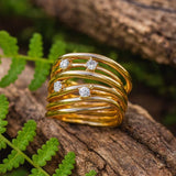 Nature Inspired Multi-Band Gold Ring with Diamond Accents
