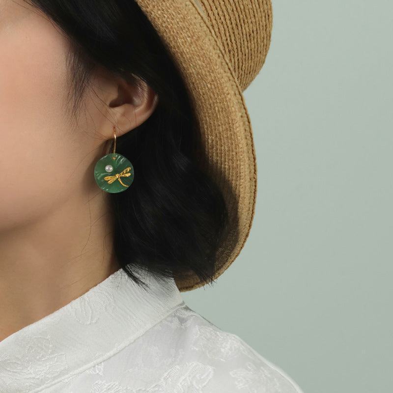 Dragonfly Dangle Earrings Green Jade Pearl