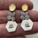 Floral Bee Drop Earrings with Yellow Gemstone Nature Design