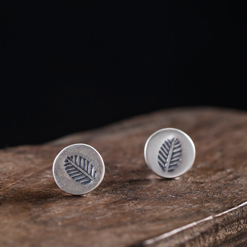 Rustic Leaf Imprint Stud Earrings in Antique Silver