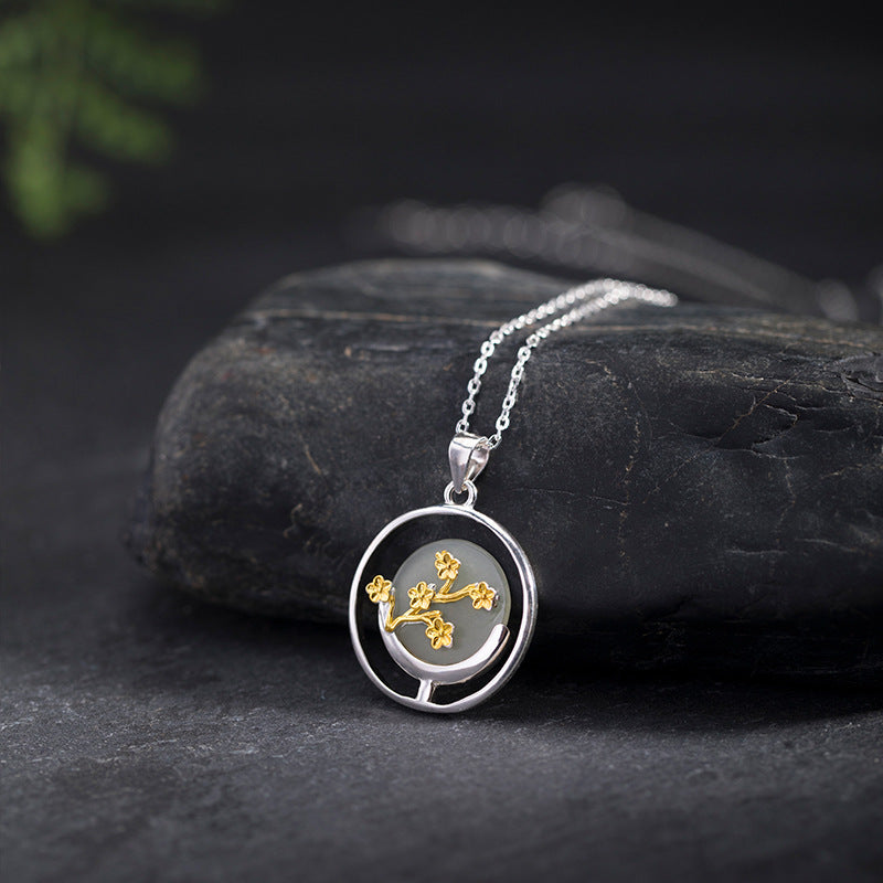 Celestial Blossom Pendant Necklace with Jade and Gold Flowers