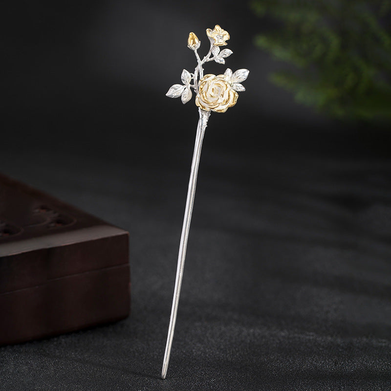 Silver Rose Hair Stick for Goddess Updos