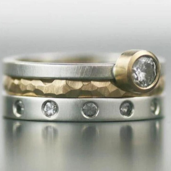 Hammered Gold and Silver Ring with Diamond Accents