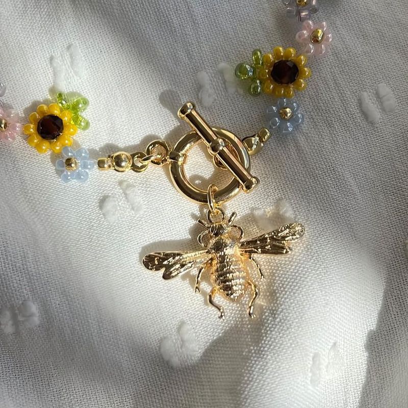 Bee Pendant Floral Beaded Necklace Colorful Nature Inspired Jewelry