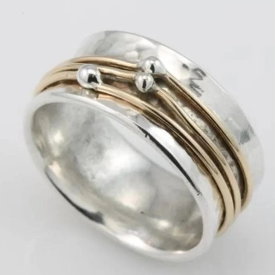 Wide Nature-Inspired Band with Golden Lines and Silver Accents