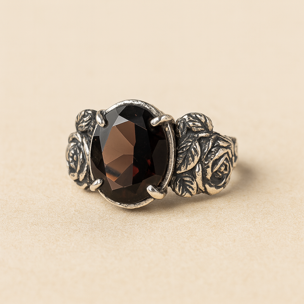 Garnet Rose Ring with Vintage Floral Engraved Band