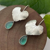 Heart Leaf Drop Earrings with Green Gemstone Nature Design