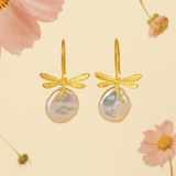 Baroque Pearl Drop Earrings with Dragonfly Charm