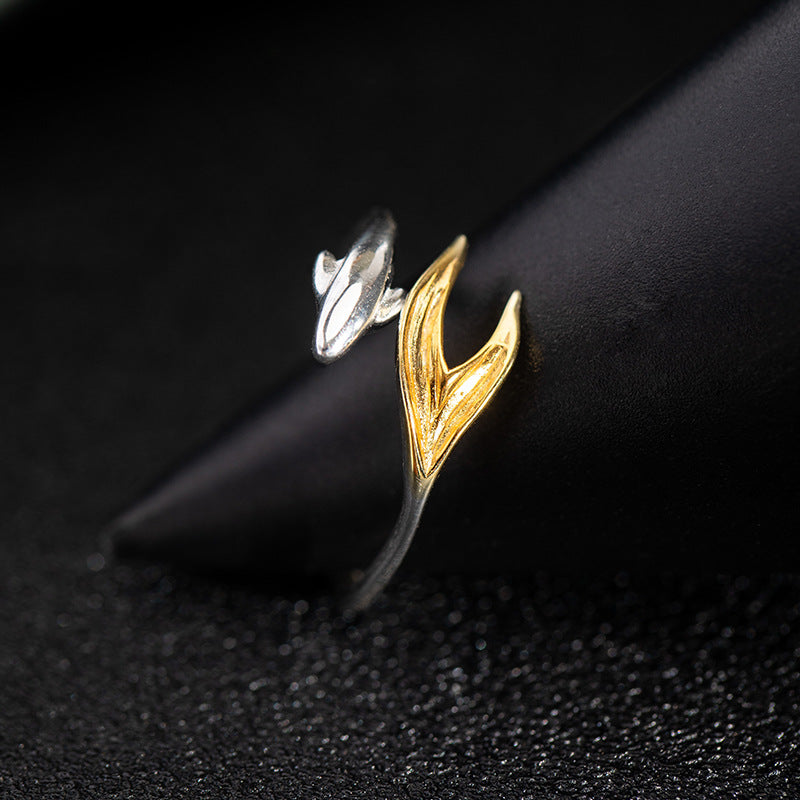 Dual-Tone Leaf Bud Ring – Open Adjustable Nature Jewelry