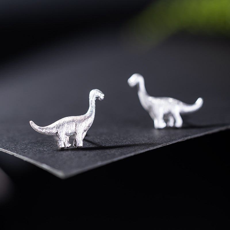 Mini Dinosaur Stud Earrings in Brushed Silver Finish