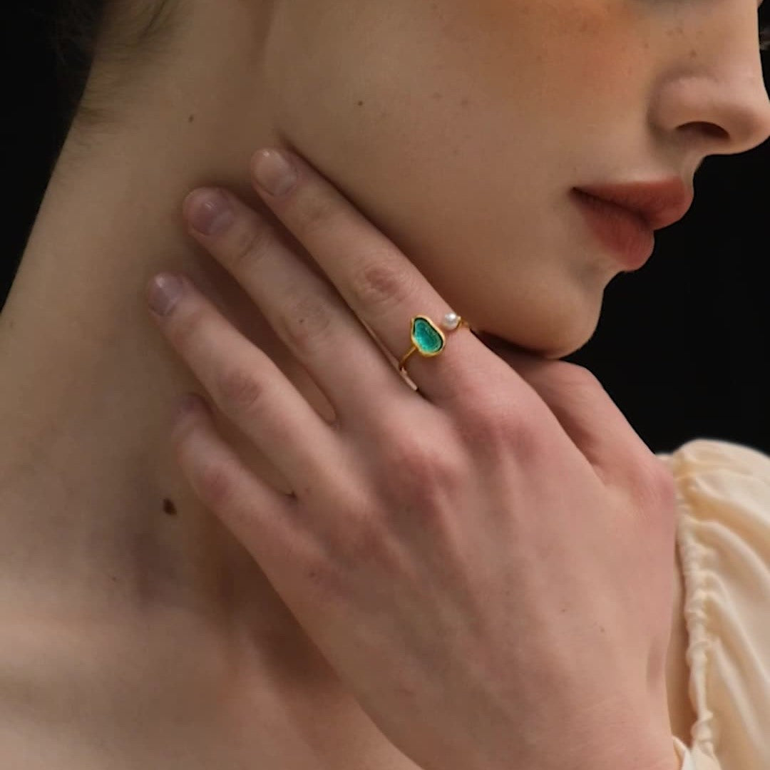 Ocean Agate and Pearl Ring for Intuition and Flow