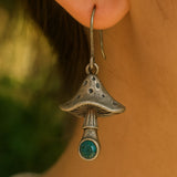 Bohemian Mushroom Drop Earrings with Green Gemstone Charm