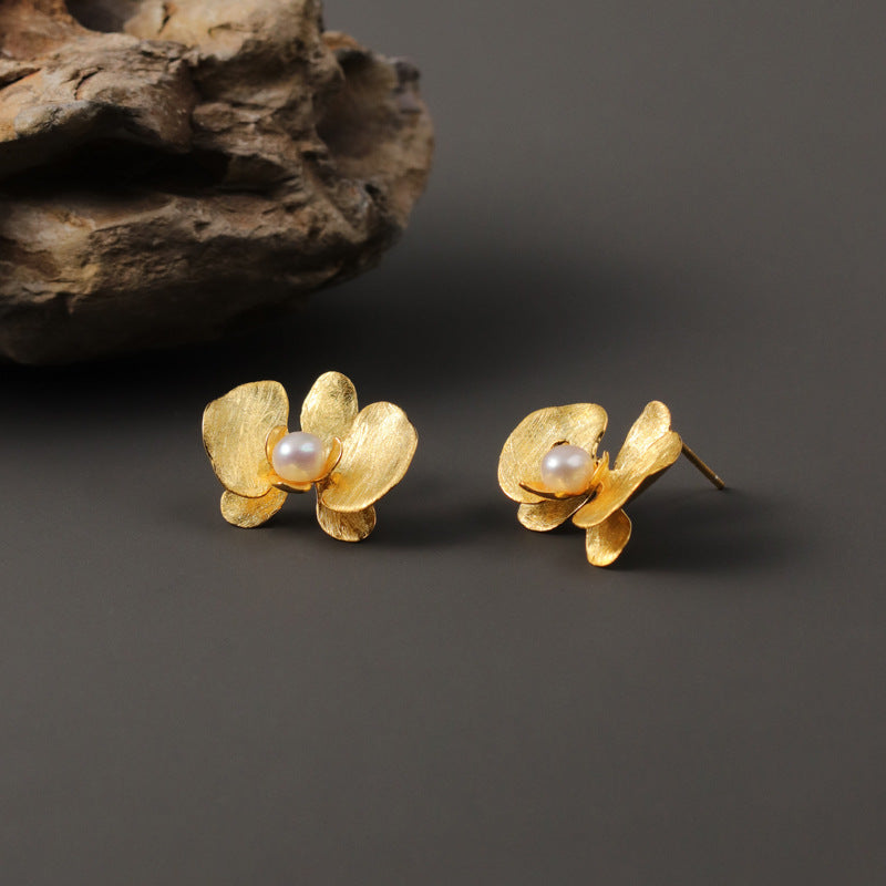 Pearl Orchid Earrings with Gold Flower Design