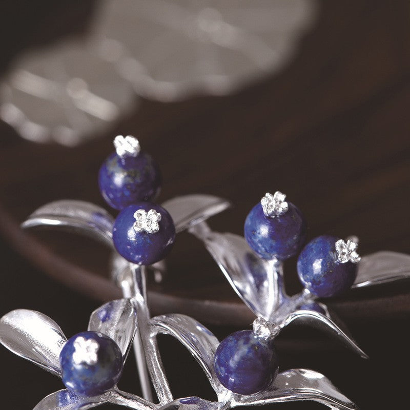 Midnight Berry Brooch – Silver Leaves & Lapis Fruits