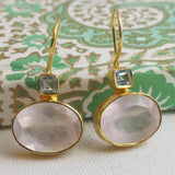 Gold Framed Pink Oval Earrings with Clear Square Accents