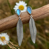 Labradorite Gemstone Long Leaf Earrings Nature Inspired Design