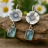 Floral Drop Earrings with Blue Gemstone Nature Inspired Design