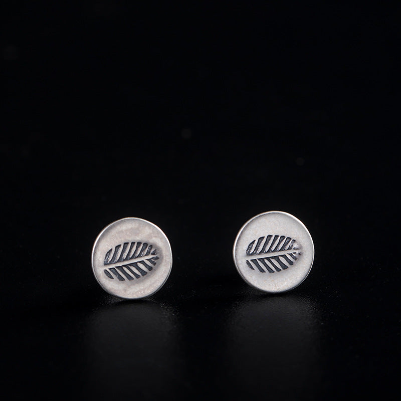 Rustic Leaf Imprint Stud Earrings in Antique Silver