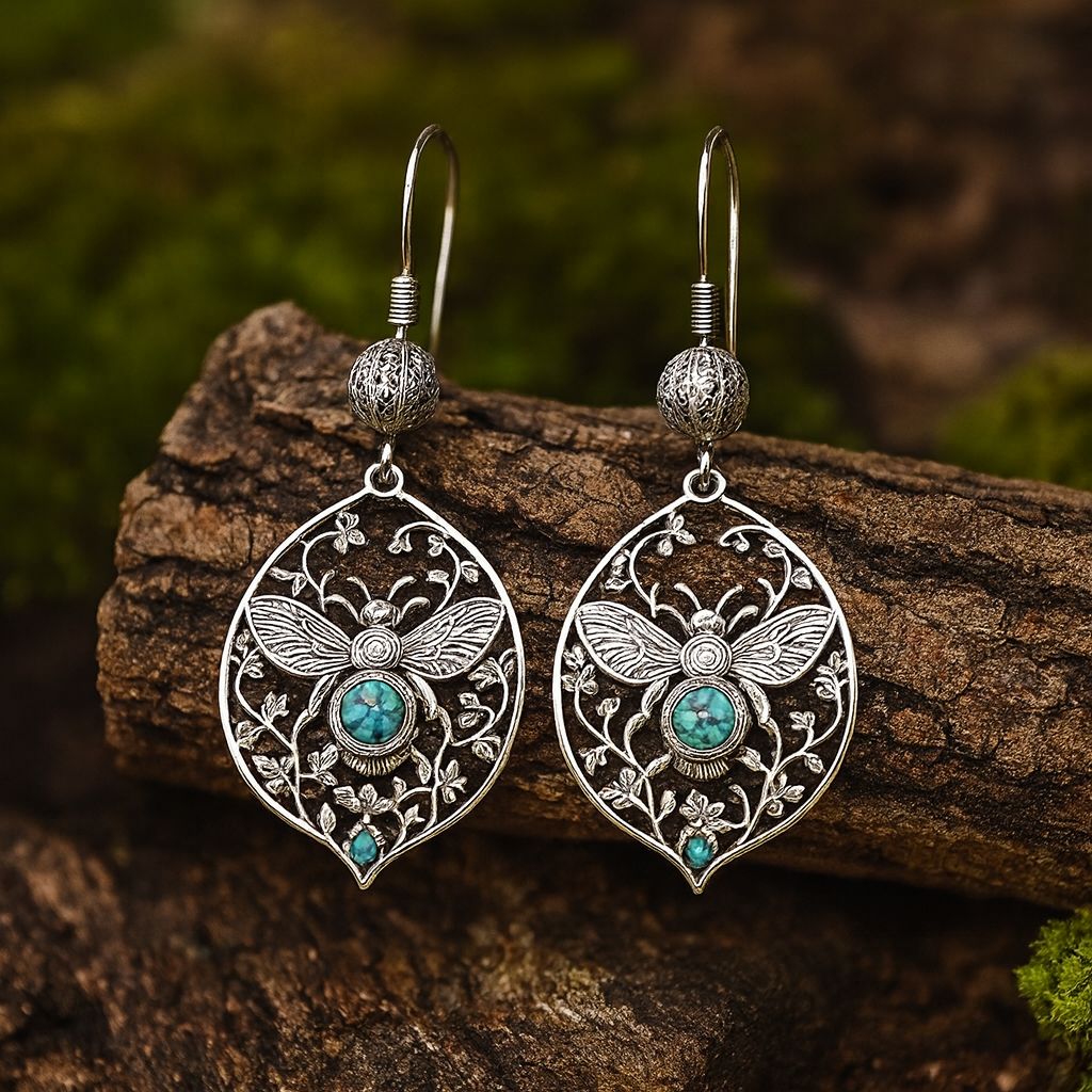 Bohemian Bee Earrings with Turquoise and Floral Vintage Design