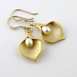 Gold Flower Petal Earrings with Pearl Nature Inspired Design